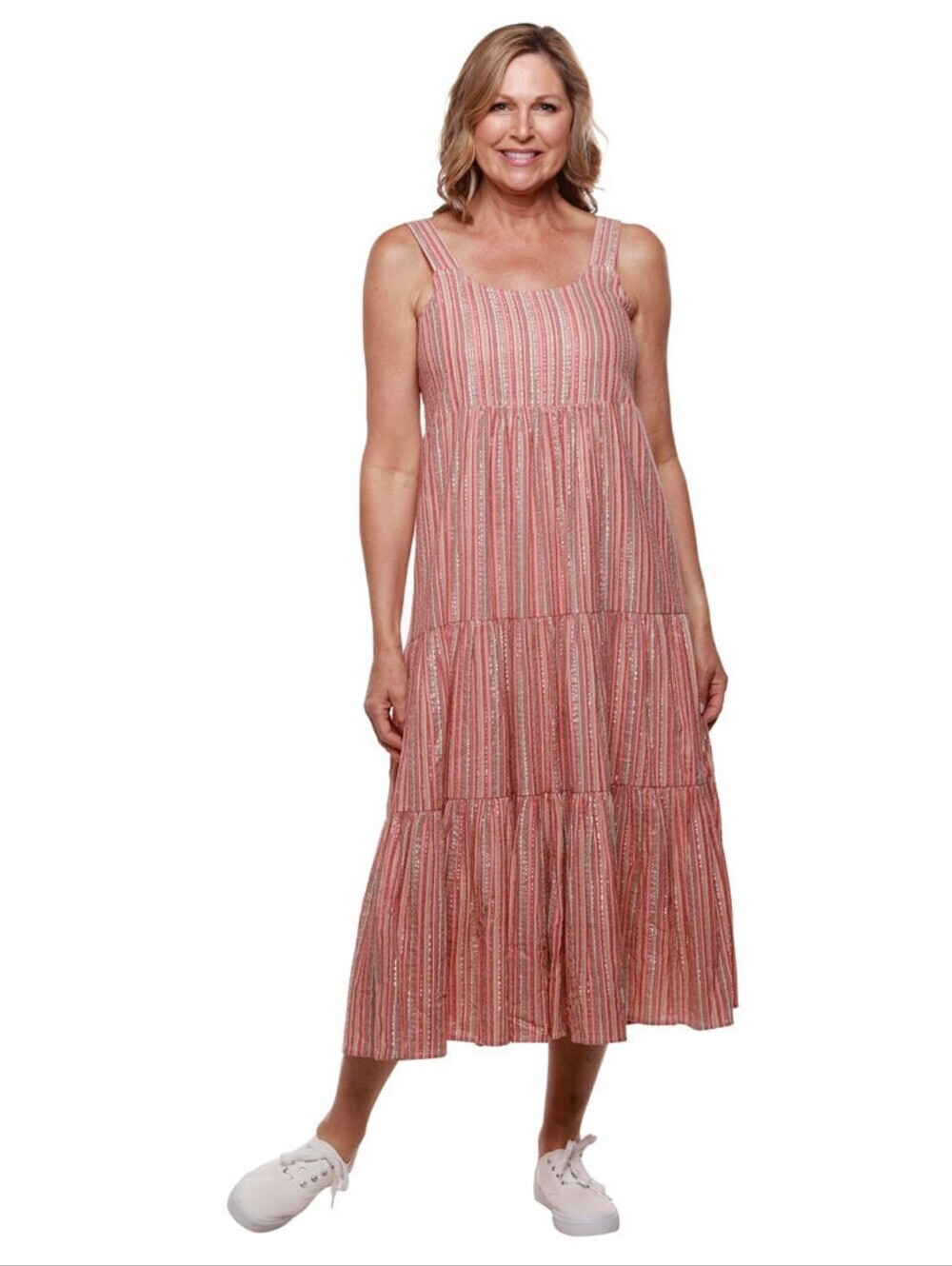 Linda Anderson | Rose Striped Multicolored Tiered Smocked Sun Dress Size Medium